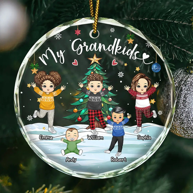 Christmas,Gift For Grandma,Gift For Grandpa,Gift For Grandparents - My Grandkids Grandma Grandpa - Personalized Circle Glass Ornament