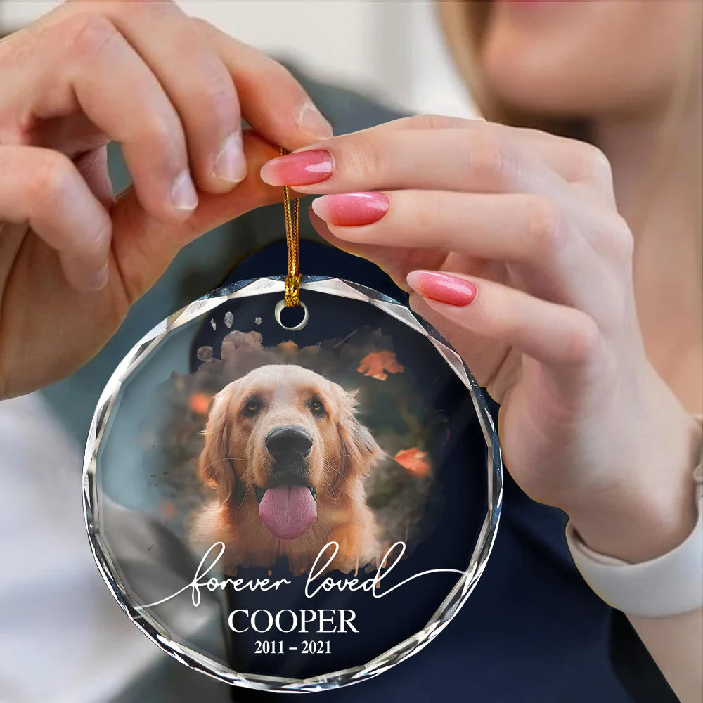 Pet Lovers, Memorial - Custom Photo Memorial Pet Forever Loved - Personalized Circle Glass Ornament