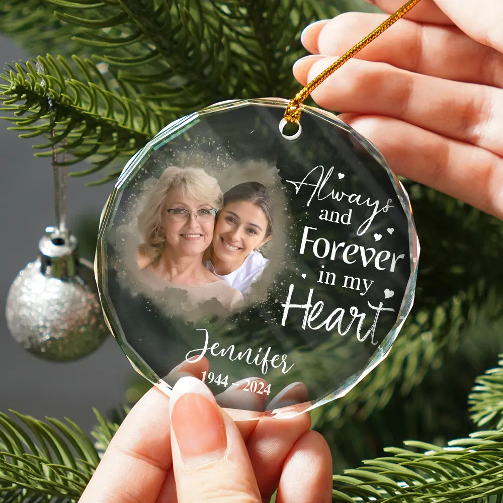 Memorial - Custom Photo Memorial Always & Forever In My Heart - Personalized Circle Glass Ornament