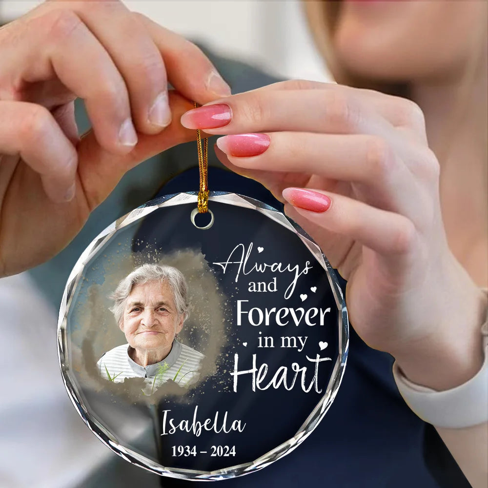Memorial - Custom Photo Memorial Always & Forever In My Heart - Personalized Circle Glass Ornament
