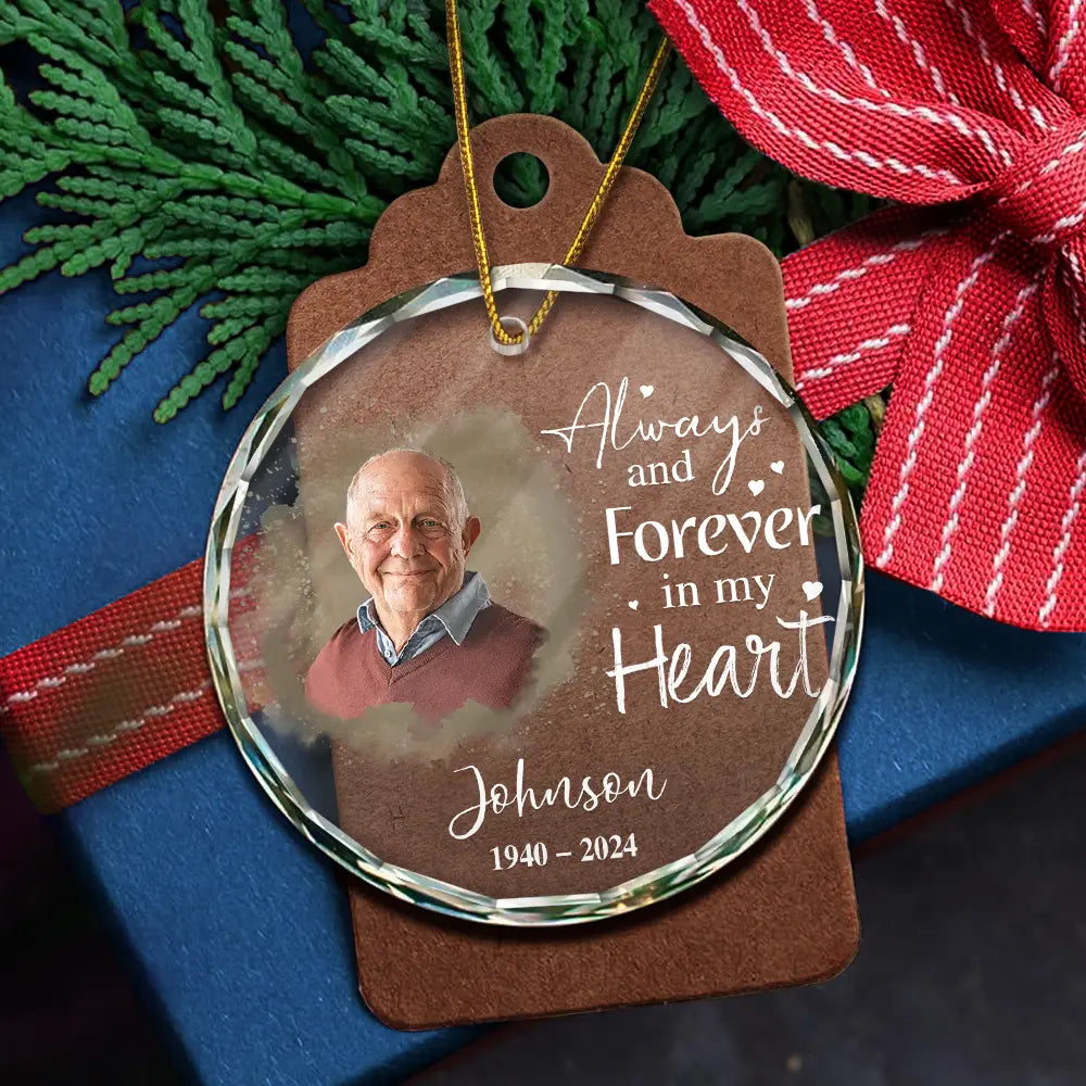 Memorial - Custom Photo Memorial Always & Forever In My Heart - Personalized Circle Glass Ornament