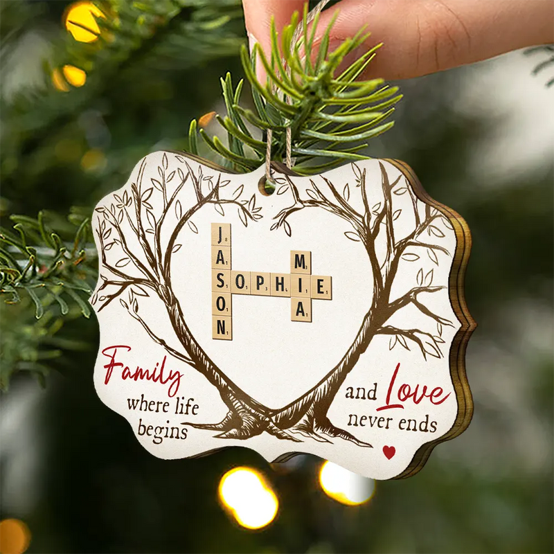 Christmas,Family,Love - Family Where Life Begins And Love Never Ends Crossword Scrabble - Personalized Medallion Wooden Ornament
