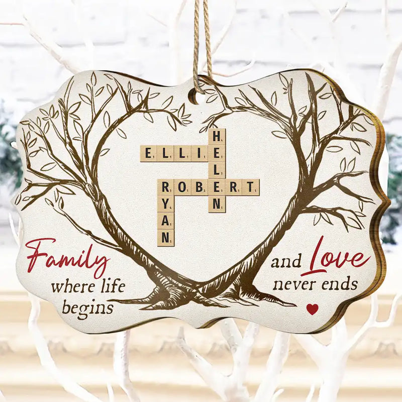Christmas,Family,Love - Family Where Life Begins And Love Never Ends Crossword Scrabble - Personalized Medallion Wooden Ornament