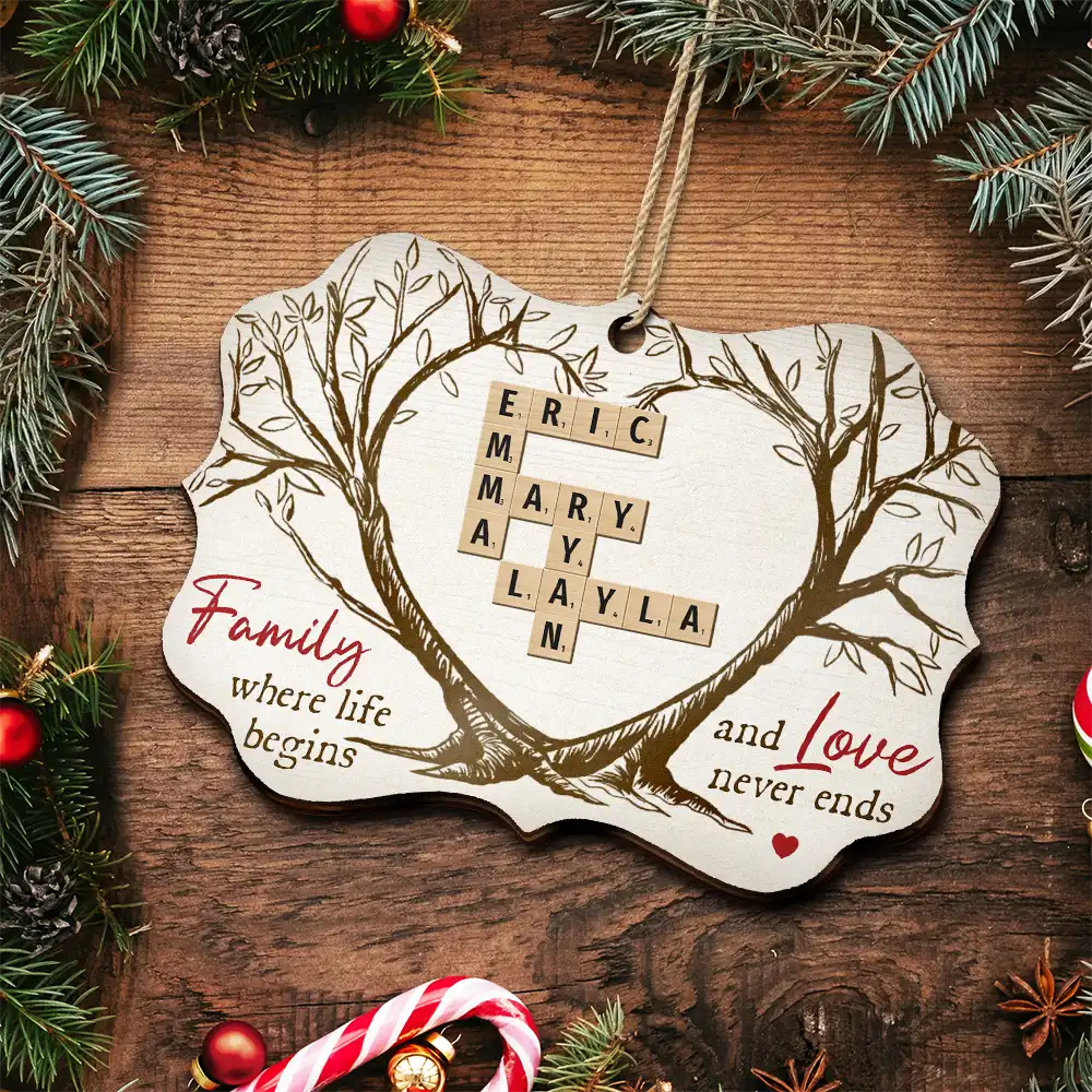 Christmas,Family,Love - Family Where Life Begins And Love Never Ends Crossword Scrabble - Personalized Medallion Wooden Ornament