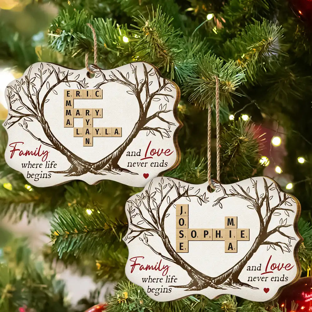 Christmas,Family,Love - Family Where Life Begins And Love Never Ends Crossword Scrabble - Personalized Medallion Wooden Ornament