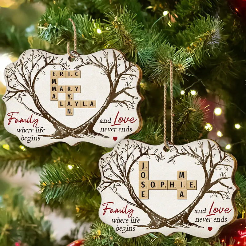 Christmas,Family,Love - Family Where Life Begins And Love Never Ends Crossword Scrabble - Personalized Medallion Wooden Ornament