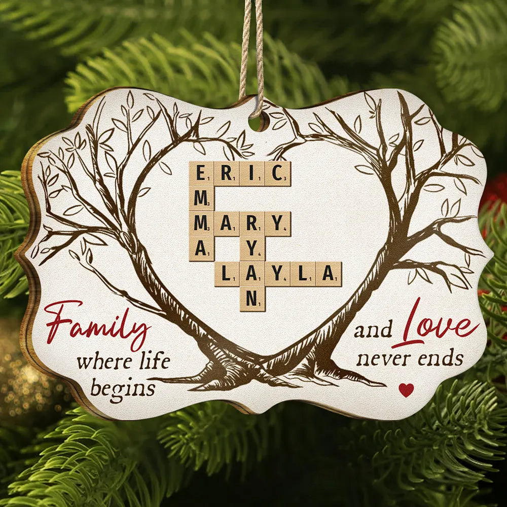 Christmas,Family,Love - Family Where Life Begins And Love Never Ends Crossword Scrabble - Personalized Medallion Wooden Ornament