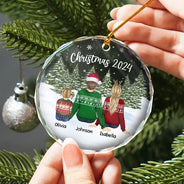 Family, Pet Couple, Pet Lovers, Gift For Couples - Merry Christmas Family Name Backside - Personalized Circle Glass Ornament