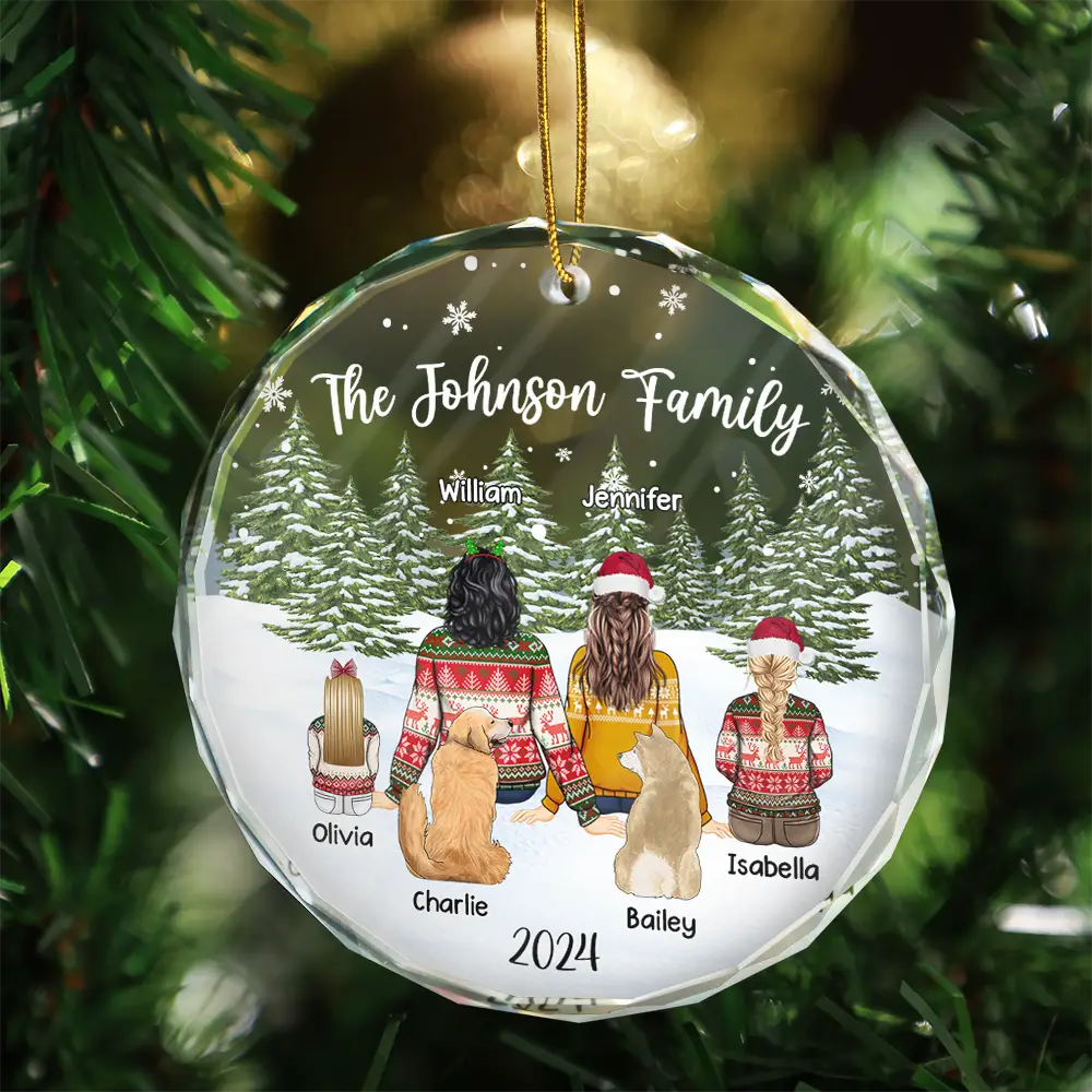 Family, Pet Couple, Pet Lovers, Gift For Couples - Merry Christmas Family Name Backside - Personalized Circle Glass Ornament
