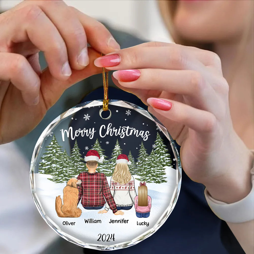 Family, Pet Couple, Pet Lovers, Gift For Couples - Merry Christmas Family Name Backside - Personalized Circle Glass Ornament