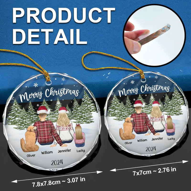 Family, Pet Couple, Pet Lovers, Gift For Couples - Merry Christmas Family Name Backside - Personalized Circle Glass Ornament