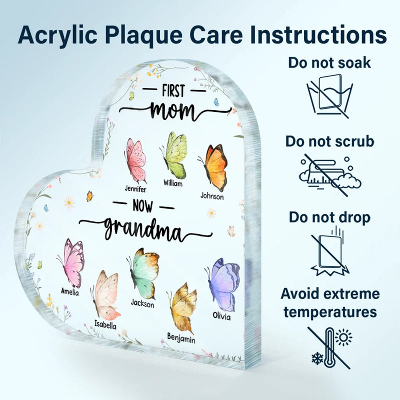 Gift For Grandma, Gift For Mother - First Mom Now Grandma Butterfly - Personalized Heart Shaped Acrylic Plaque