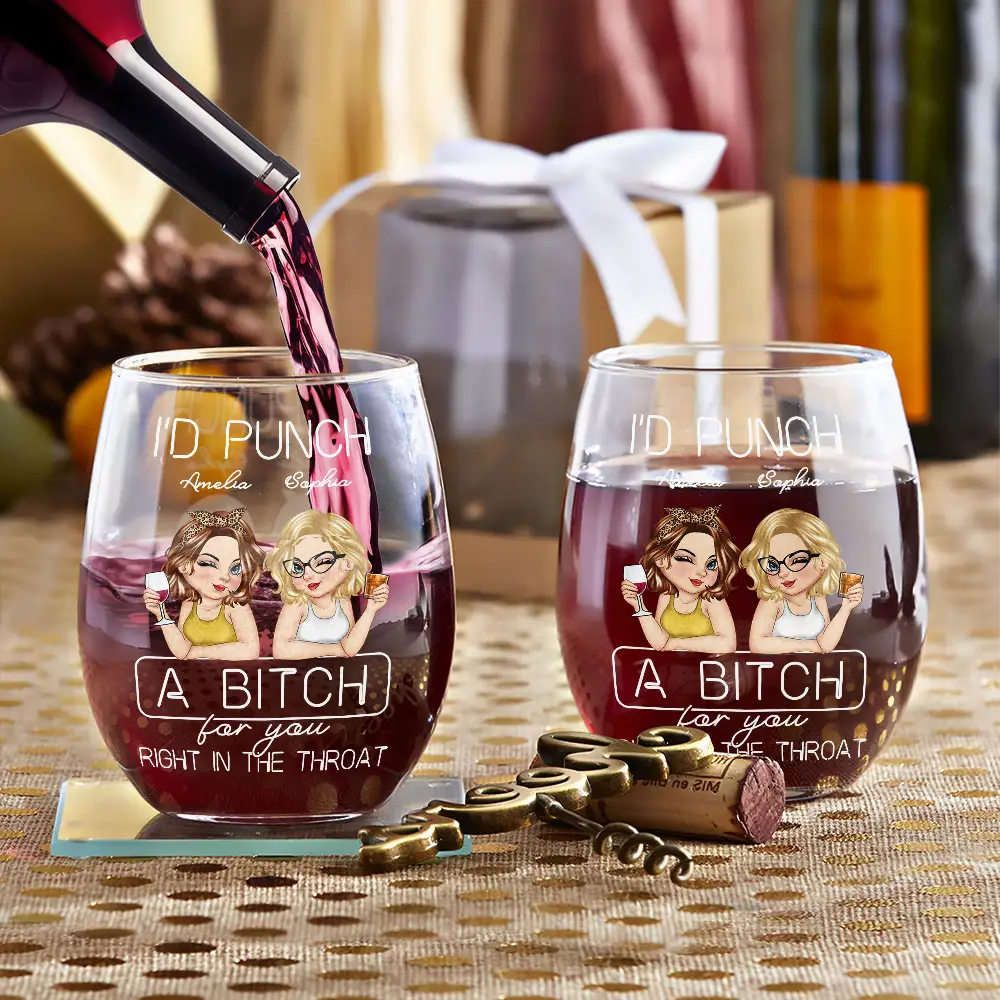 Gift For Bestie - Besties Right In The Throat - Personalized Stemless Wine Glass