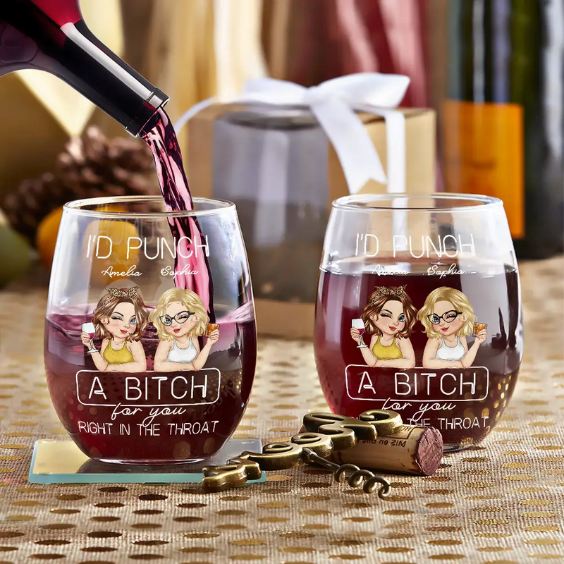 Gift For Bestie - Besties Right In The Throat - Personalized Stemless Wine Glass