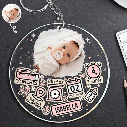 Icône d'information personnalisée pour nouveau-né avec photo - Porte-clés acrylique personnalisé