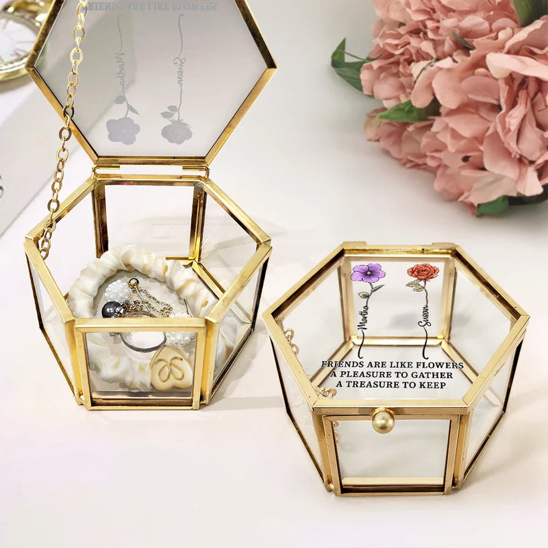 Old Best friends, Gift For Bestie - Birth Flowers Grow An Old Friend - Personalized Glass Jewelry Box
