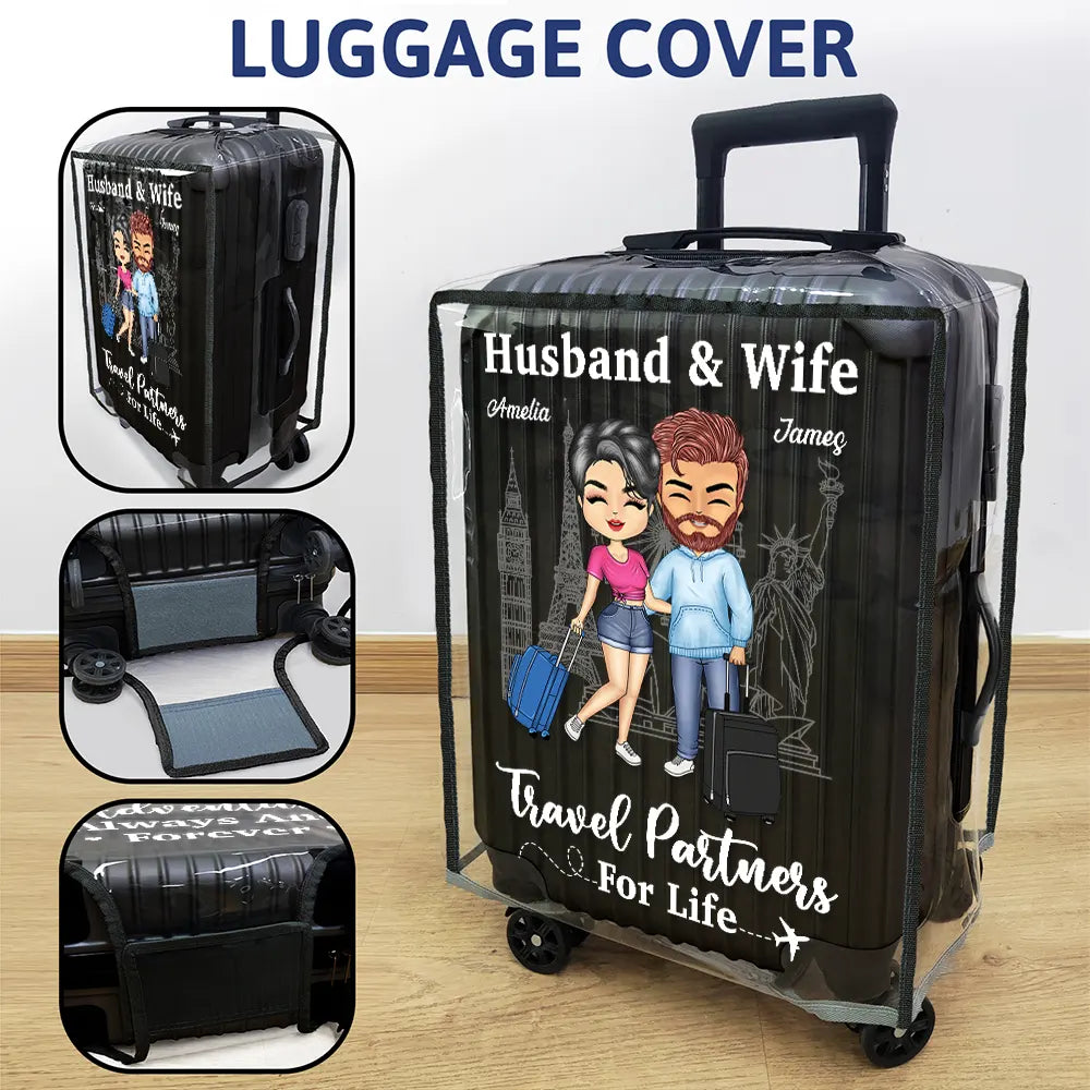 Gift For Couples, Gift For Husband, Gift For Wife, Gift For Boyfriend, Gift For Girlfriend, Travel - Couple Husband & Wife Travel Partners For Life - Personalized Clear Luggage Cover