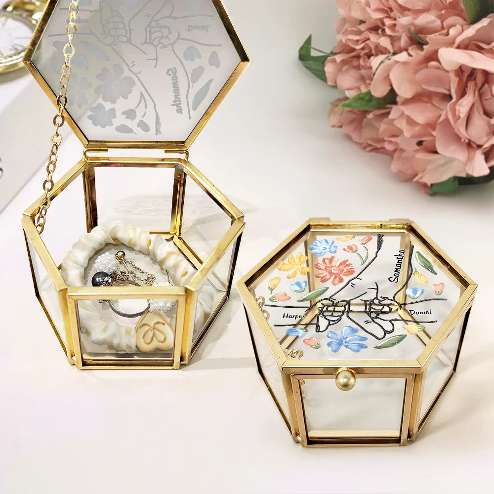 Gift For Mother, Gift For Grandma - Hand In Hand I'll Protect You Mom Grandma - Personalized Glass Jewelry Box
