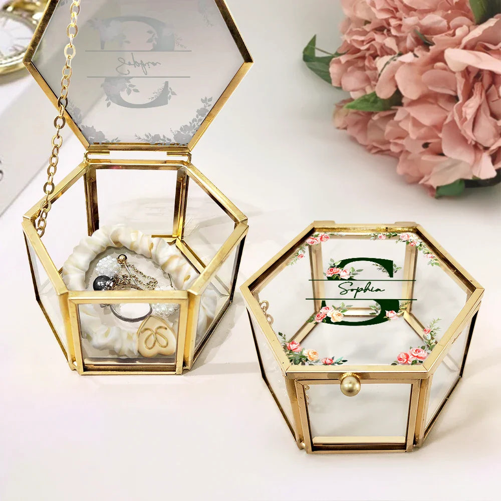 Gift For Women,Gift For Yourself,Happy - Monogram Floral - Personalized Glass Jewelry Box