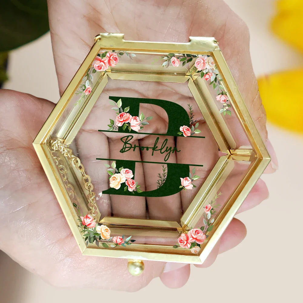 Gift For Women,Gift For Yourself,Happy - Monogram Floral - Personalized Glass Jewelry Box