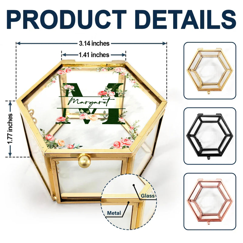 Gift For Women,Gift For Yourself,Happy - Monogram Floral - Personalized Glass Jewelry Box