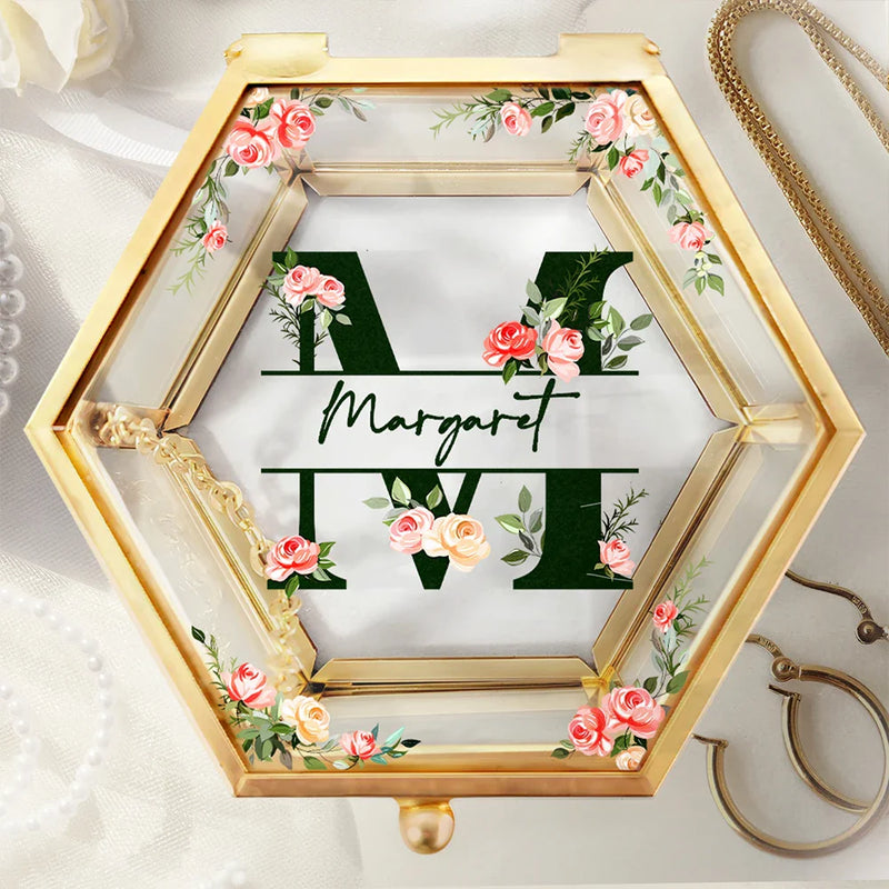 Gift For Women,Gift For Yourself,Happy - Monogram Floral - Personalized Glass Jewelry Box