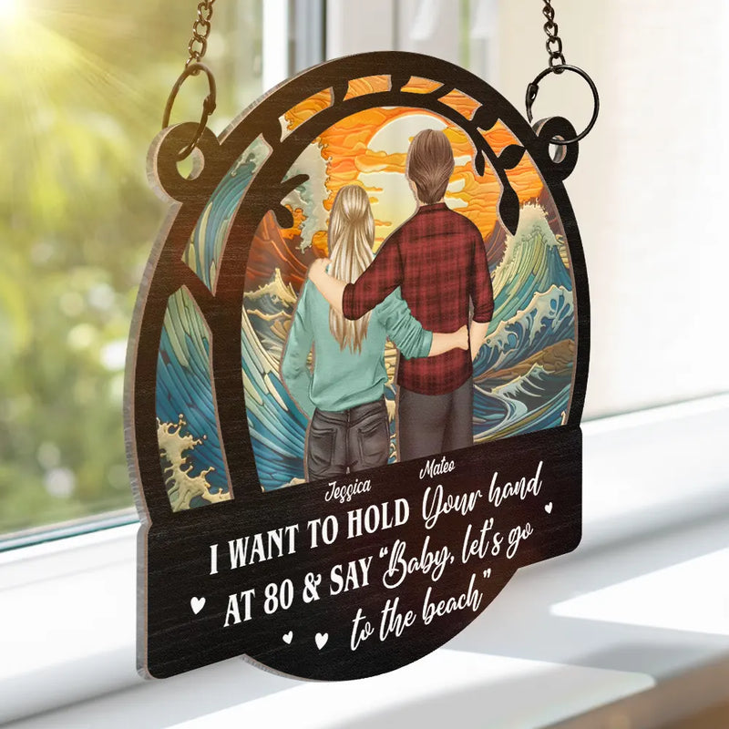 Gift For Couples, Old Couples, Gift For Husband, Gift For Wife, Gift For Boyfriend, Gift For Girlfriend - Couple Hold Your Hand At 80 - Personalized Window Hanging Suncatcher Ornament