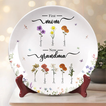 First Mom Now Grandma Flower - Personalized Ceramic Plate