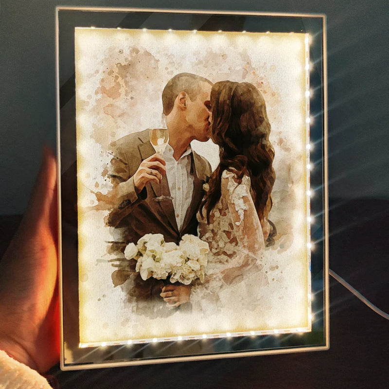 Custom Photo,Gift For Mother,Gift For Grandma,Happy,Art Design - Custom Photo Watercolor Portrait Mom Grandma Family Couple - Personalized LED Mirror Frame Lamp