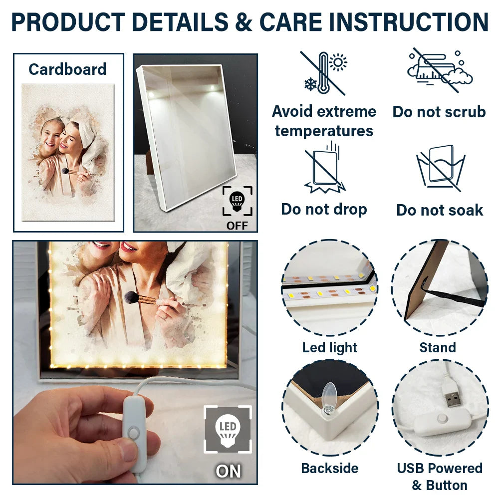 Custom Photo,Gift For Mother,Gift For Grandma,Happy,Art Design - Custom Photo Watercolor Portrait Mom Grandma Family Couple - Personalized LED Mirror Frame Lamp