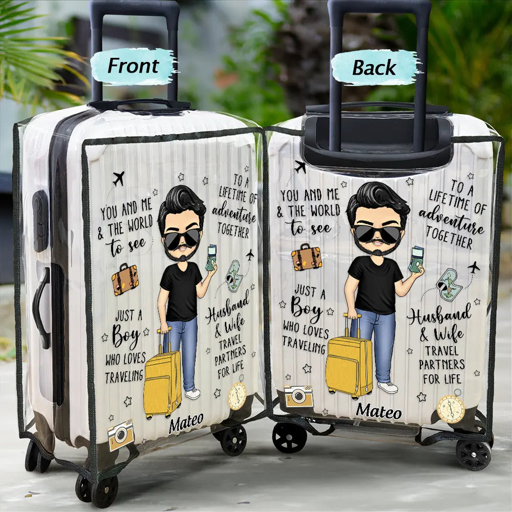 Gift For Couples,Gift For Husband,Gift For Wife,Gift For Boyfriend,Gift For Girlfriend,Travel,Happy - Couple Travel Partners For Life - Personalized Combo 2 Clear Luggage Covers