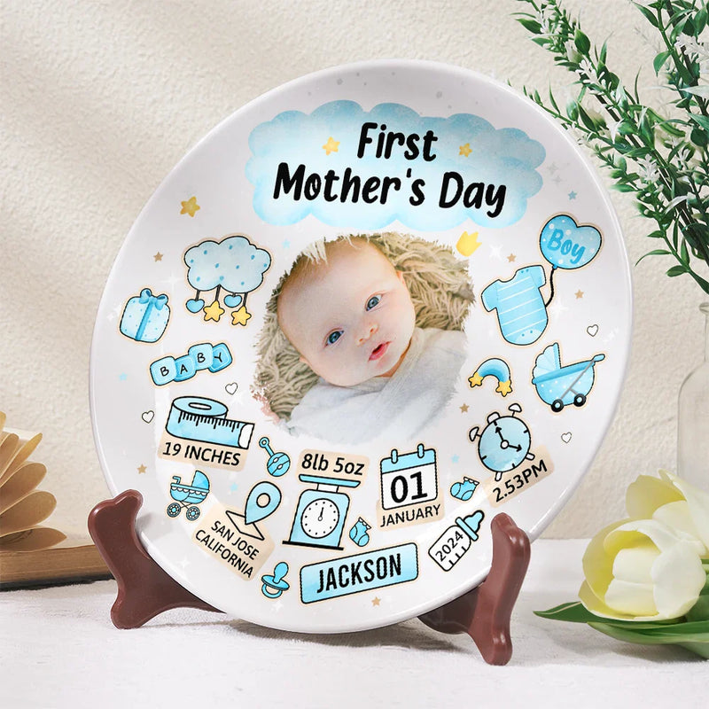 Gift For Mother, New Mom, New baby - Custom Photo Our First Mother's Day Information Icon - Personalized Ceramic Plate