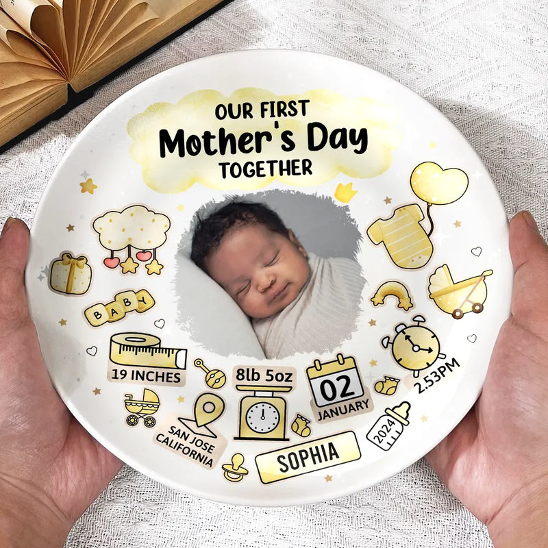Gift For Mother, New Mom, New baby - Custom Photo Our First Mother's Day Information Icon - Personalized Ceramic Plate