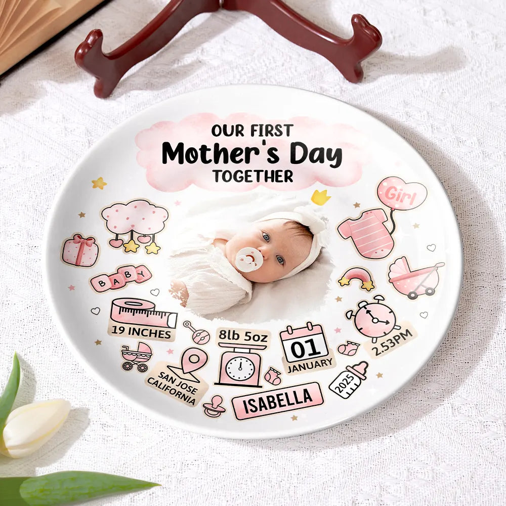 Gift For Mother, New Mom, New baby - Custom Photo Our First Mother's Day Information Icon - Personalized Ceramic Plate
