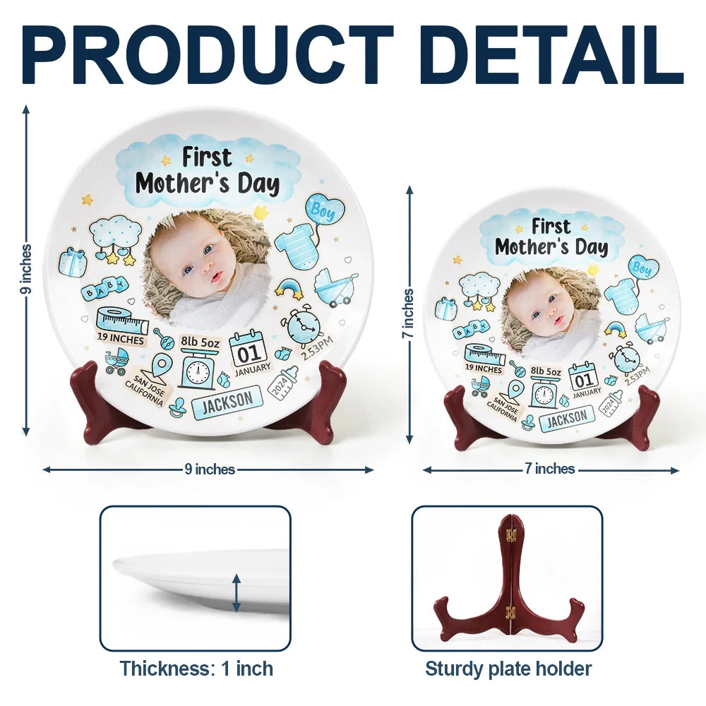 Gift For Mother, New Mom, New baby - Custom Photo Our First Mother's Day Information Icon - Personalized Ceramic Plate