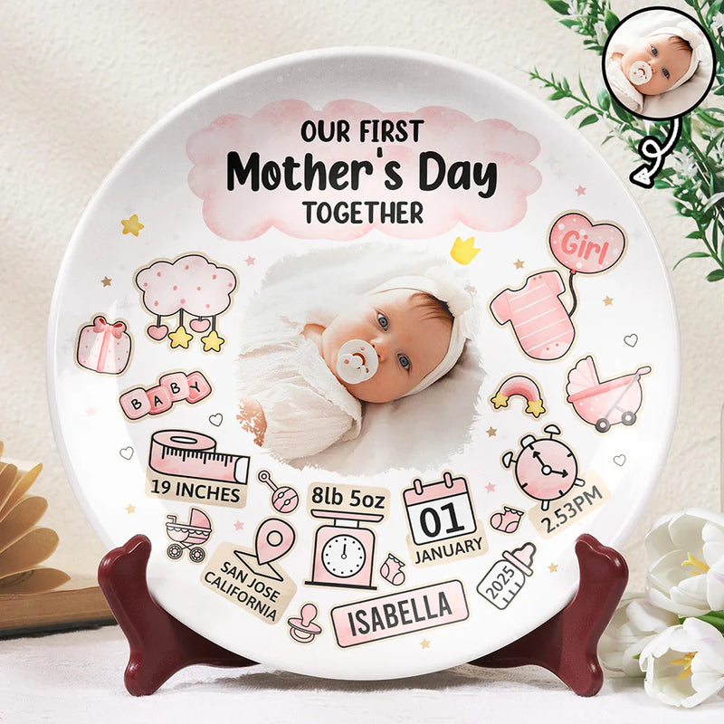 Gift For Mother, New Mom, New baby - Custom Photo Our First Mother's Day Information Icon - Personalized Ceramic Plate