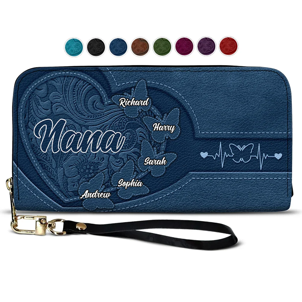 Leather Butterfly Heart - Personalized Leather Long Wallet