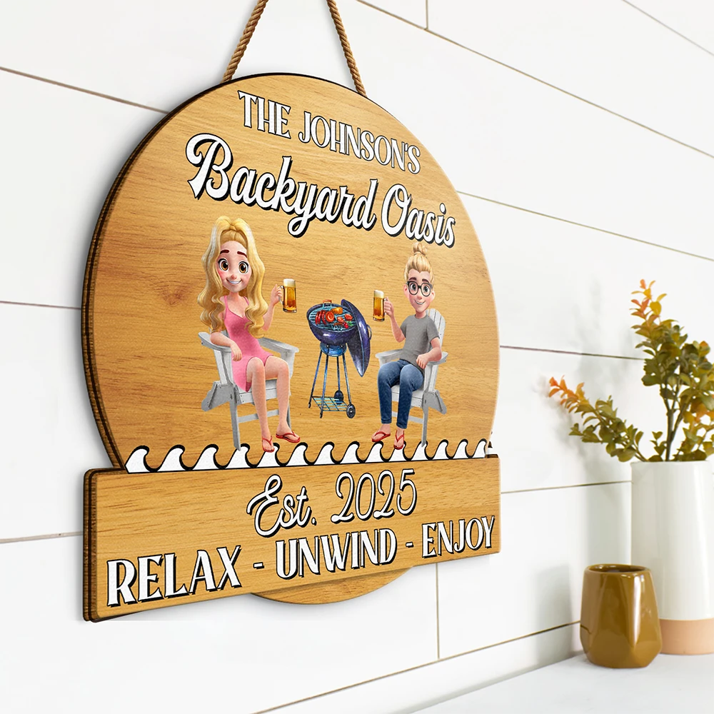 Gift For Couples,Gift For Husband,Gift For Wife,Poolside,Patio,Grilling,Funny,Non-Eng,Vector,Humorous - Couple Poolside Paradise Relax Enjoy 3D Effect - Personalised Custom Shaped Wood Sign