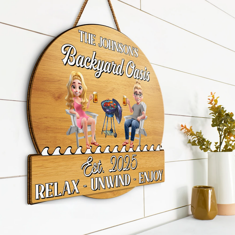 Gift For Couples,Gift For Husband,Gift For Wife,Poolside,Patio,Grilling,Funny,Non-Eng,Vector,Humorous - Couple Poolside Paradise Relax Enjoy 3D Effect - Personalised Custom Shaped Wood Sign