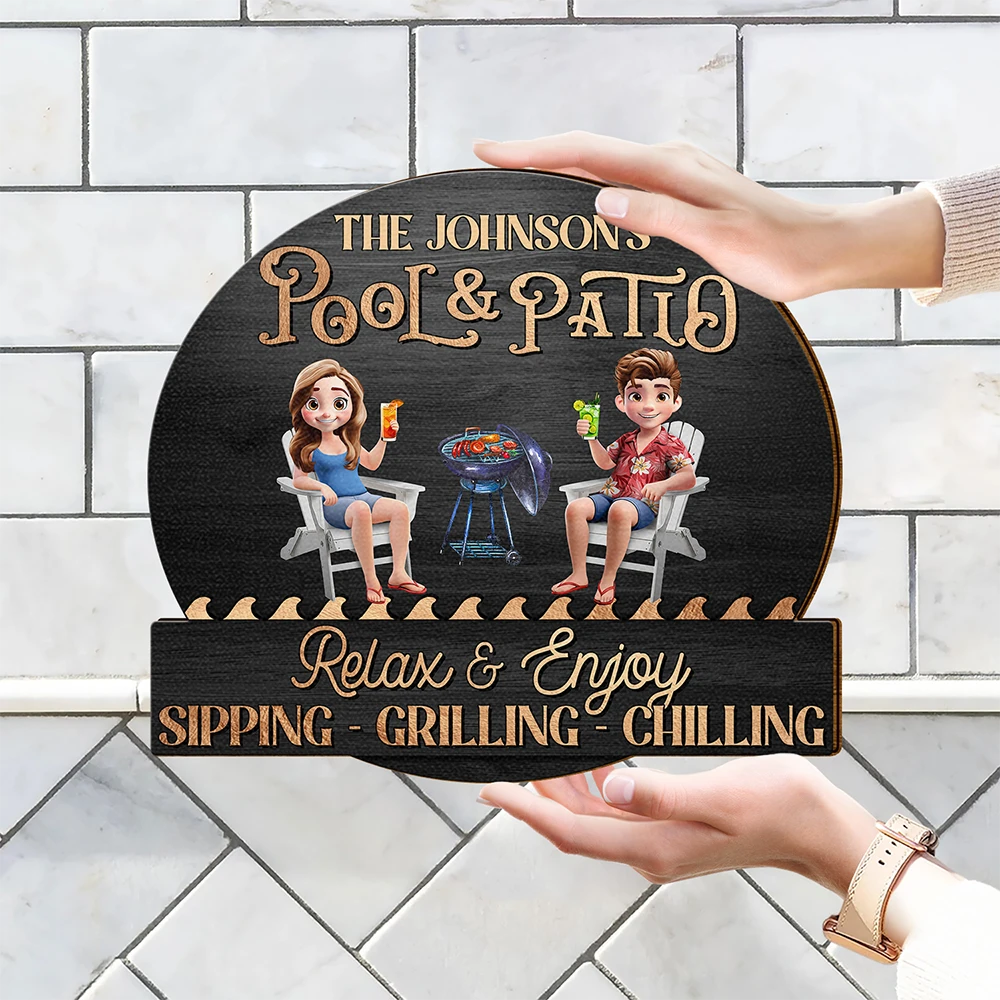 Gift For Couples,Gift For Husband,Gift For Wife,Poolside,Patio,Grilling,Funny,Non-Eng,Vector,Humorous - Couple Poolside Paradise Relax Enjoy 3D Effect - Personalised Custom Shaped Wood Sign