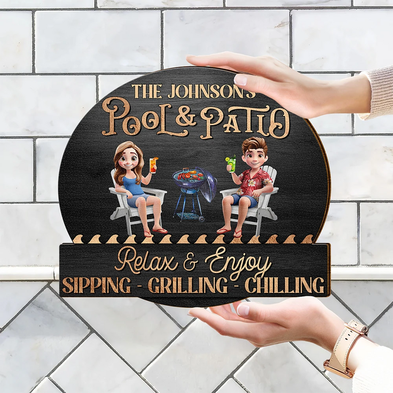 Gift For Couples,Gift For Husband,Gift For Wife,Poolside,Patio,Grilling,Funny,Non-Eng,Vector,Humorous - Couple Poolside Paradise Relax Enjoy 3D Effect - Personalised Custom Shaped Wood Sign