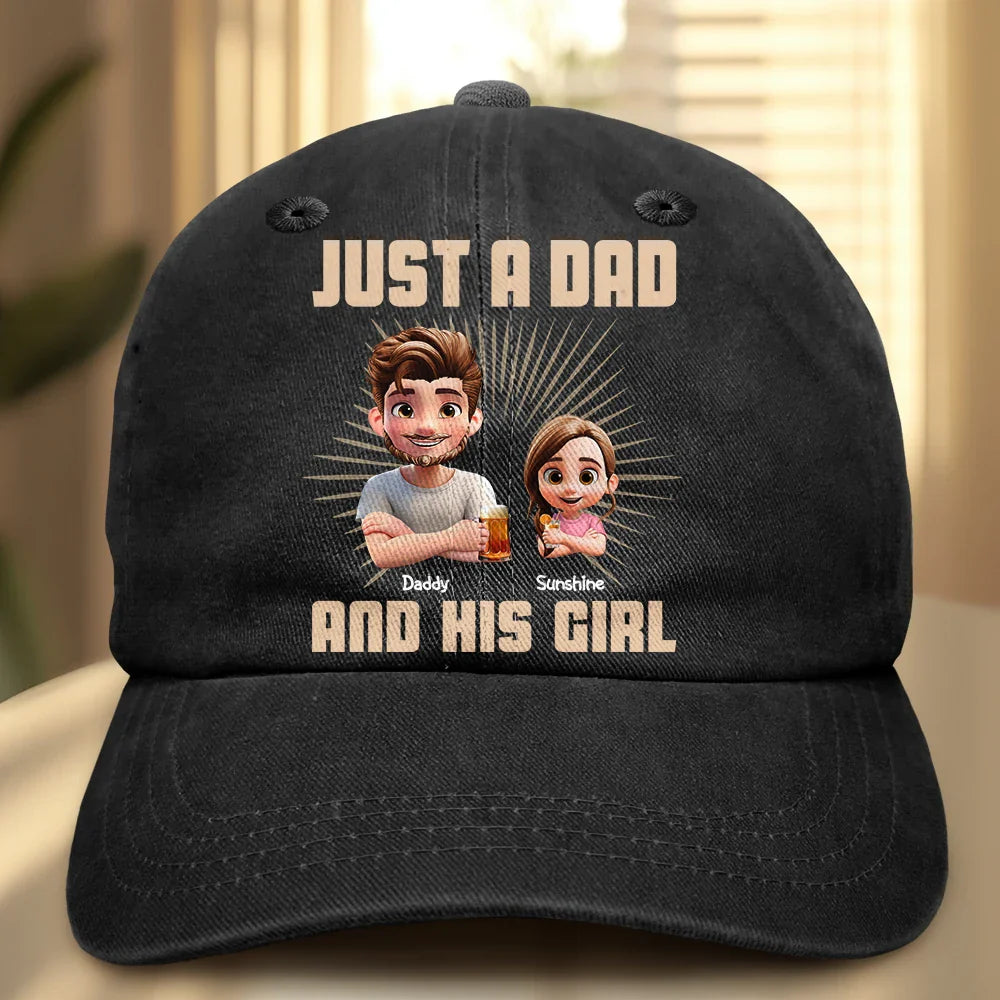 Just A Dad And His Girl 3D Effect Crossed Arms - Personalized Vintage Washed Denim Cap