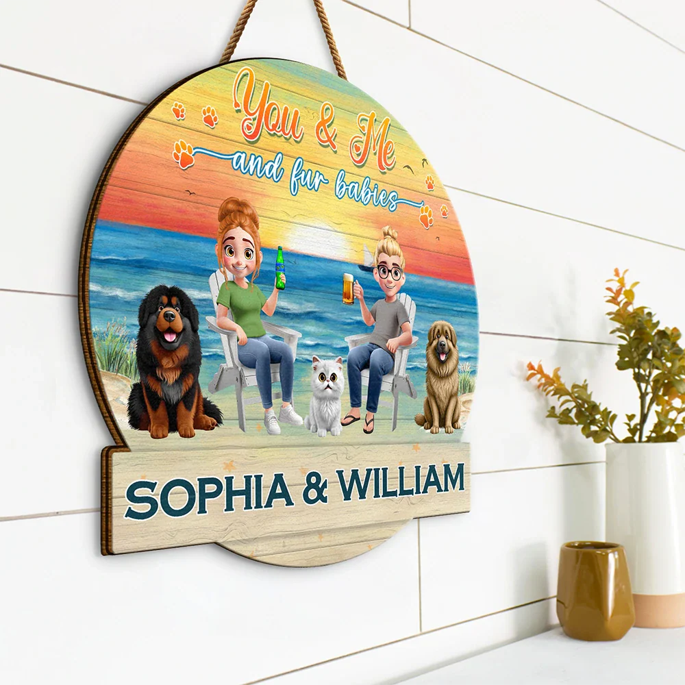Gift For Couples,Pet Couple,Pet Lovers - You And Me And The Fur Babies Beach View - Personalized Custom Shaped Wood Sign