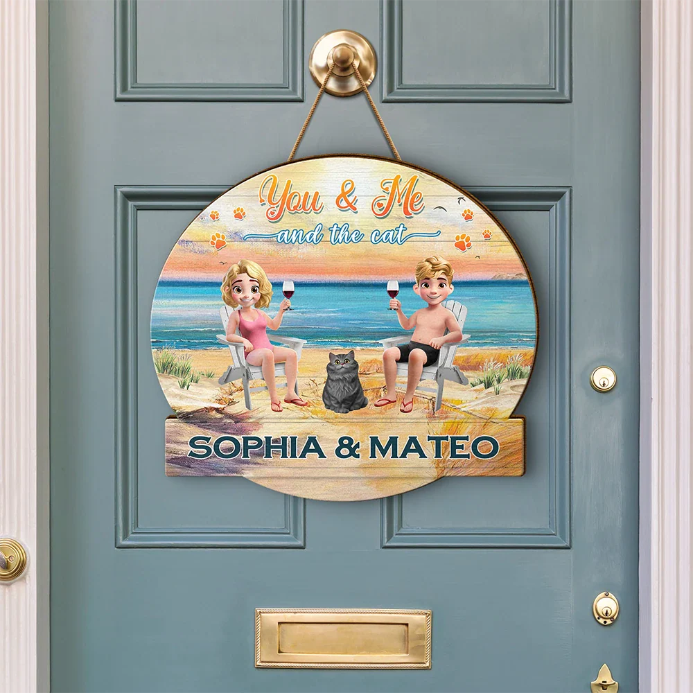 Gift For Couples,Pet Couple,Pet Lovers - You And Me And The Fur Babies Beach View - Personalized Custom Shaped Wood Sign
