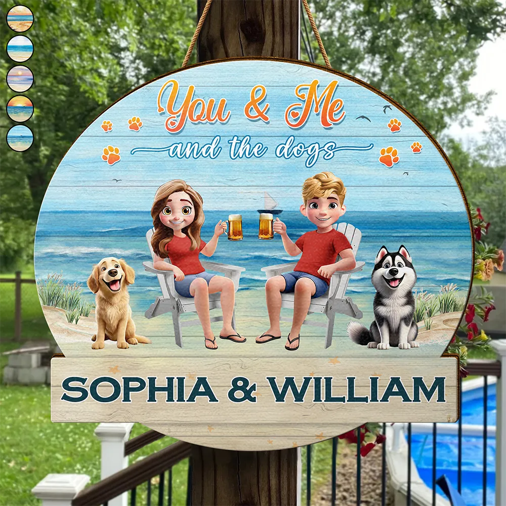 Gift For Couples,Pet Couple,Pet Lovers - You And Me And The Fur Babies Beach View - Personalized Custom Shaped Wood Sign