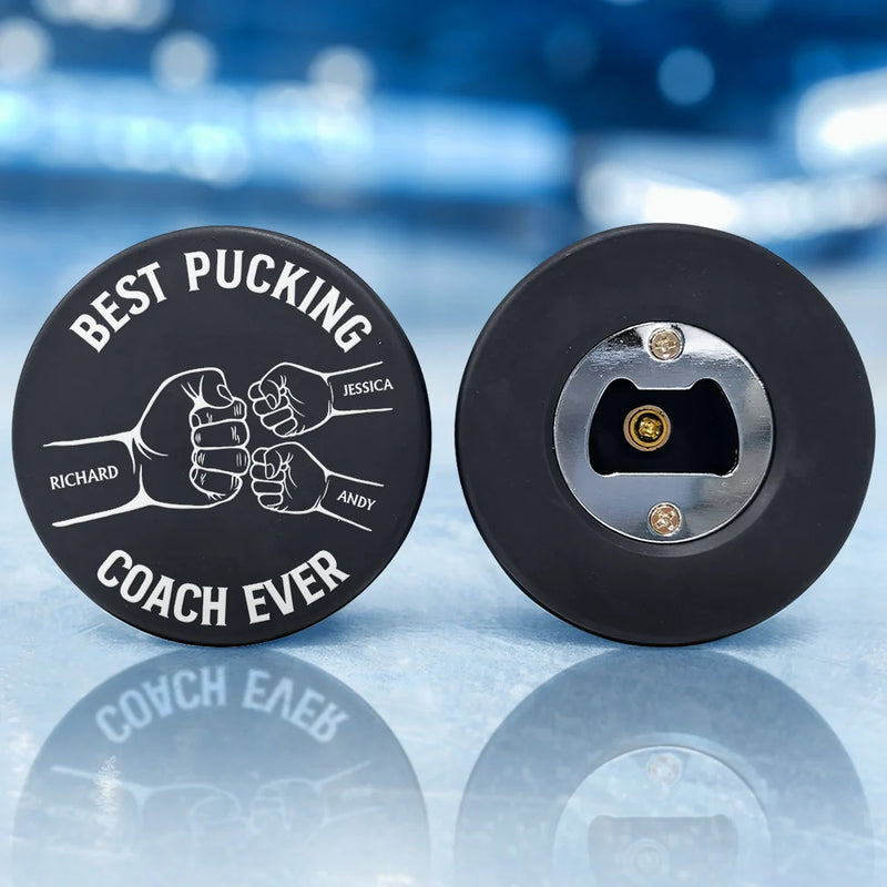 Gift For Father,Dad,Children - Best Pucking Dad Coach Ever - Personalized Hockey Puck Bottle Opener