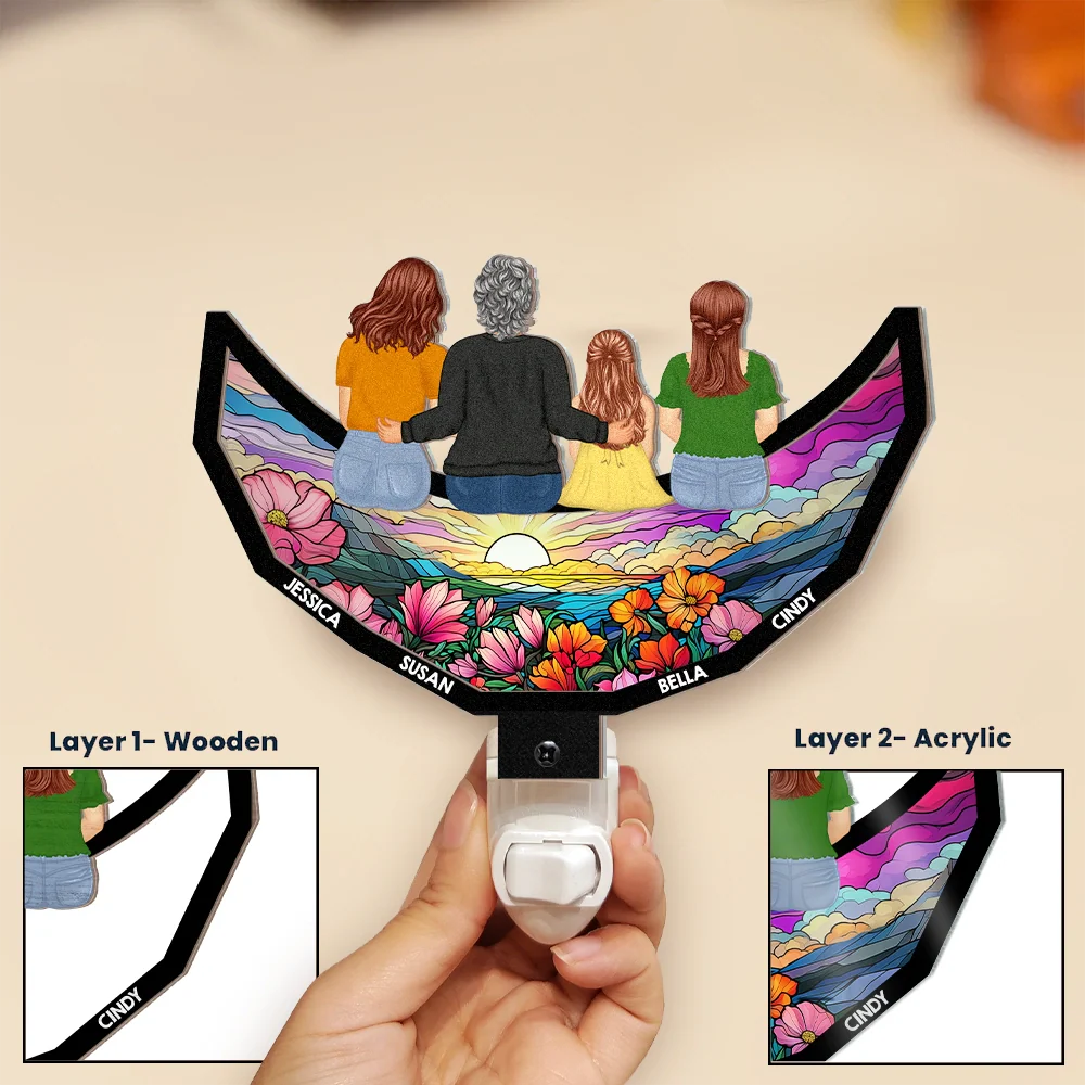 Gift For Women,Gift For Mother,Gift For Grandma,Gift For Daughter,Gift For Son,Gift For Sisters,Gift For Sibling,Daughters,Children,Mom,Sons,Grandma,Grandkids - Grandma Mom And Children Sitting On The Moon - Personalized Plug-in Night Light