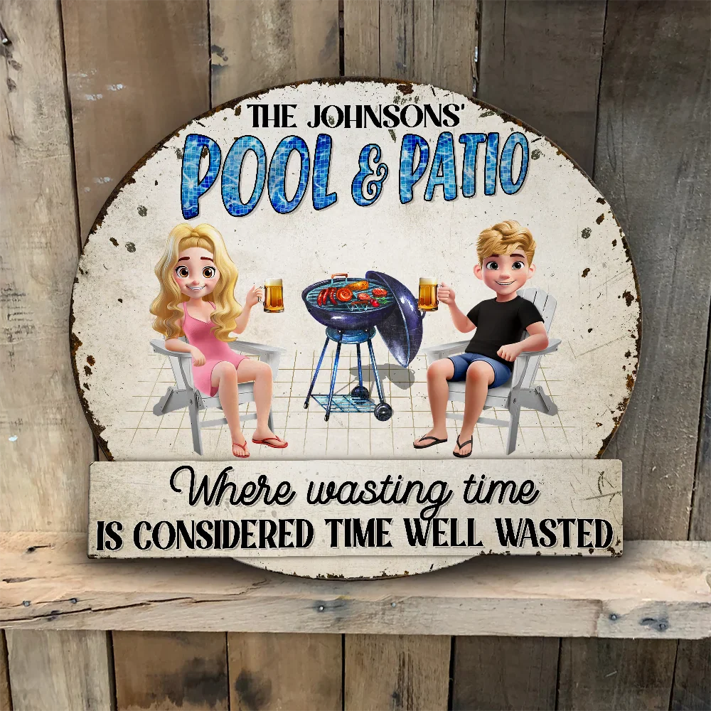 Gift For Couples,Gift For Husband,Gift For Wife,Gift For Boyfriend,Poolside - Couple Poolside Bar & Grill Listen To Good Music - Personalized Custom Shaped Metal Sign