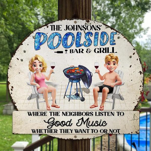 Gift For Couples,Gift For Husband,Gift For Wife,Gift For Boyfriend,Poolside - Couple Poolside Bar & Grill Listen To Good Music - Personalized Custom Shaped Metal Sign