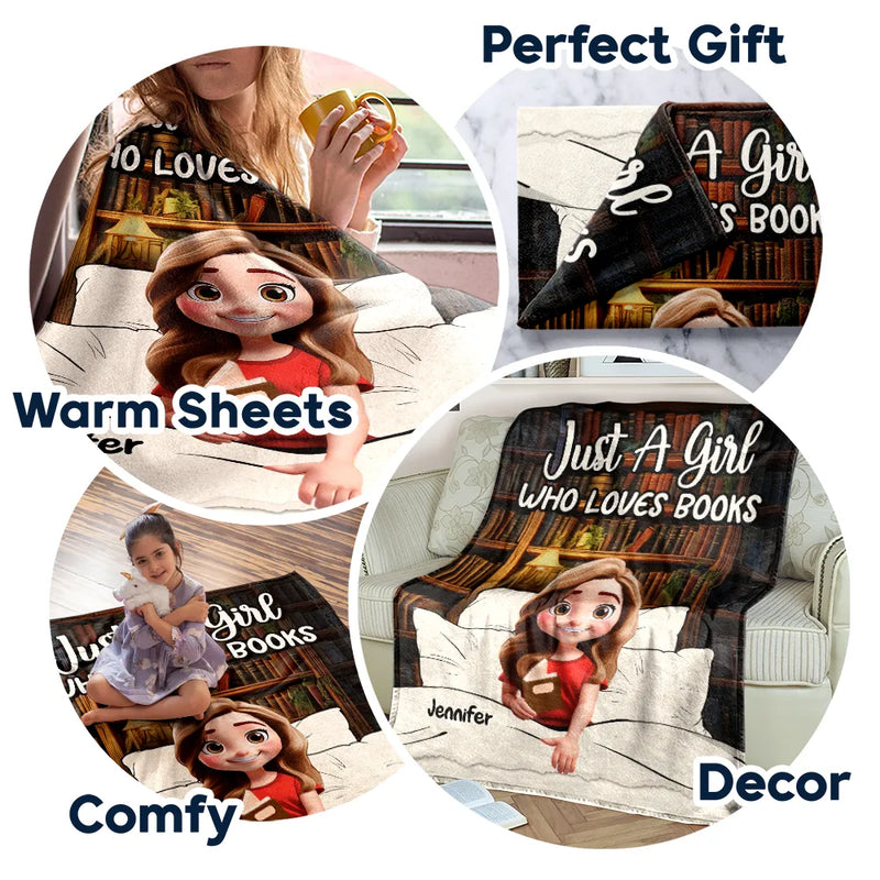 Reading,Gift For Yourself,Gift For Women - Just A Girl Who Loves Books 3D Effect - Personalized Fleece Blanket, Sherpa Blanket